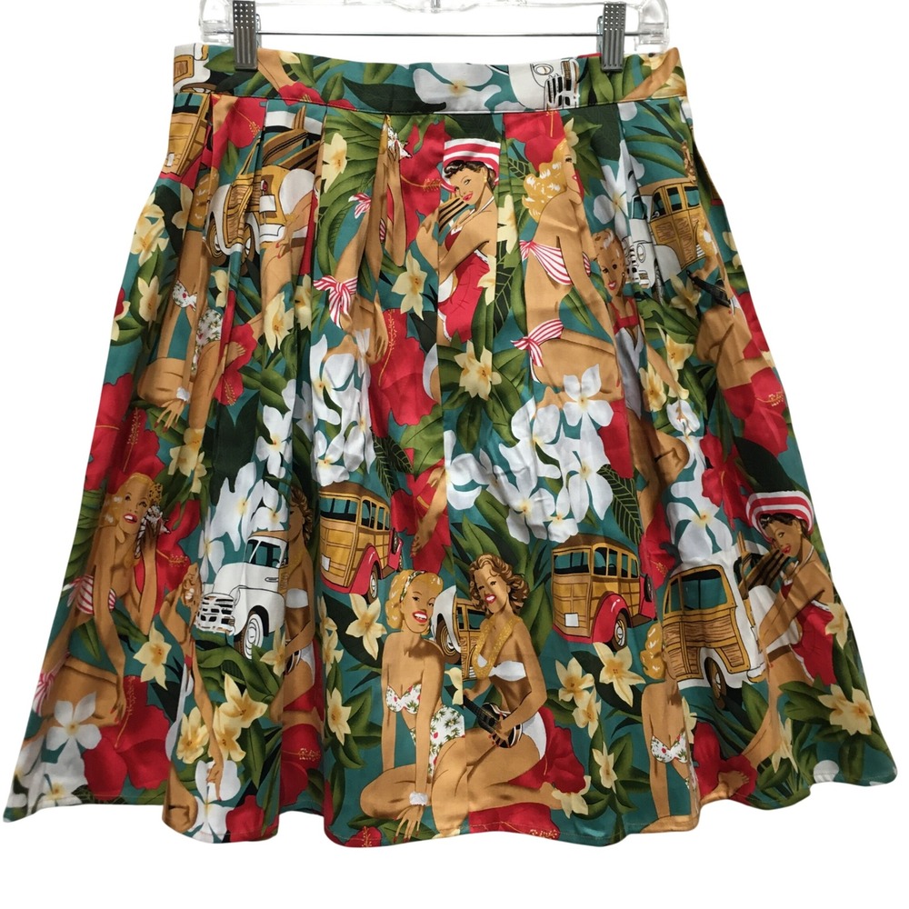 Grace Karin Tropical Pinup Pleated Skirt Women's Medium Green Retro Rockabilly